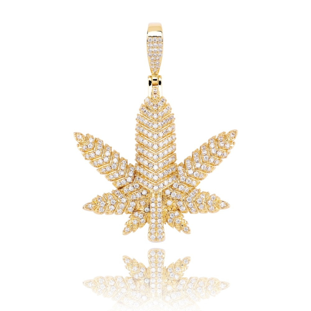 Maple Leaf Cubic Zirconia Hip-Hop Pendant Necklace-Necklaces-Innovato Design-Gold-Rope Chain-18inch-Innovato Design