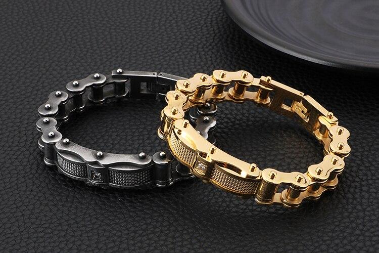 Biker Chain Bracelet with Zirconia Stone in Two Color Tones-Bracelets-Innovato Design-Black-8.6-Innovato Design