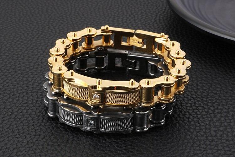 Biker Chain Bracelet with Zirconia Stone in Two Color Tones-Bracelets-Innovato Design-Black-8.6-Innovato Design