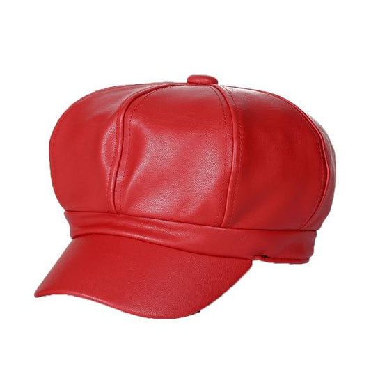 Classy Faux Leather Solid Color Painter Octagonal Hat-Hats-Innovato Design-Red-Innovato Design
