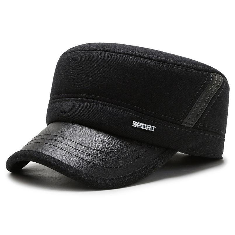 Buckled Thick Warm Solid Color Polyurethane Cotton Tweed Military Hat with Earflaps-Hats-Innovato Design-Black-Innovato Design