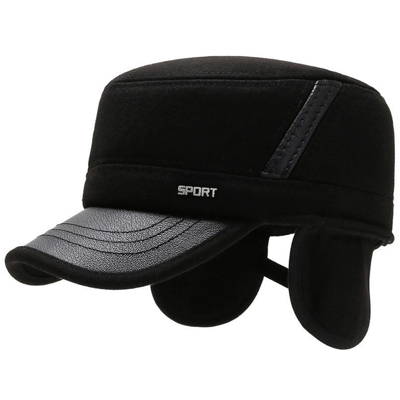 Buckled Thick Warm Solid Color Polyurethane Cotton Tweed Military Hat with Earflaps-Hats-Innovato Design-Black-Innovato Design