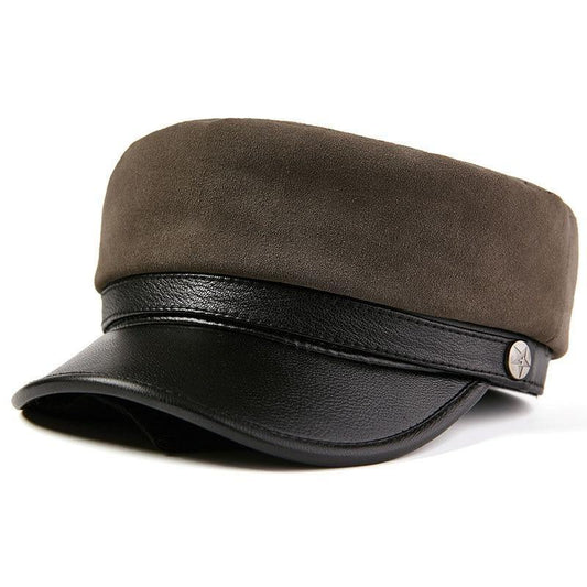 Vintage Genuine Sheepskin Leather Flat Top Military Cap-Hats-Innovato Design-Brown-X-Innovato Design
