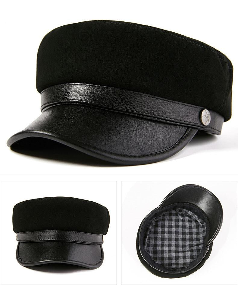 Vintage Genuine Sheepskin Leather Flat Top Military Cap-Hats-Innovato Design-Brown-X-Innovato Design