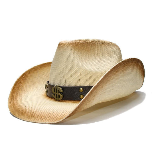 Retro Beige Straw Cowboy Hat with Dollar Sign Leather Band-Hats-Innovato Design-Innovato Design