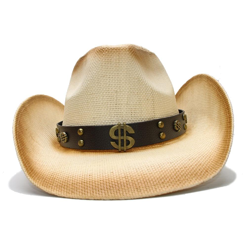 Retro Beige Straw Cowboy Hat with Dollar Sign Leather Band-Hats-Innovato Design-Innovato Design