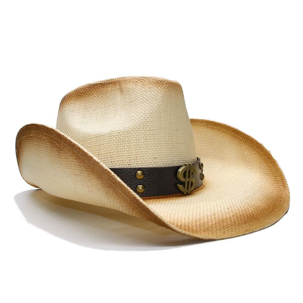 Retro Beige Straw Cowboy Hat with Dollar Sign Leather Band-Hats-Innovato Design-Innovato Design