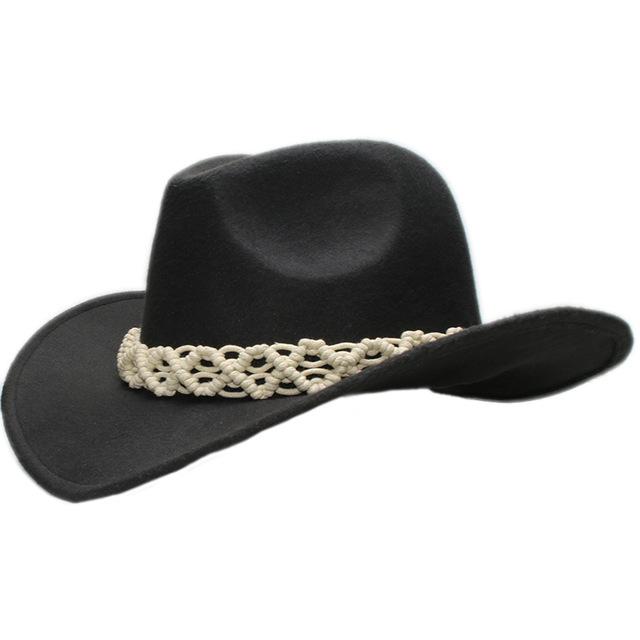 Retro Parent-Child Wool Cowboy Hat with White Hollow-out Knit Band-Hats-Innovato Design-Black-Adult-Innovato Design