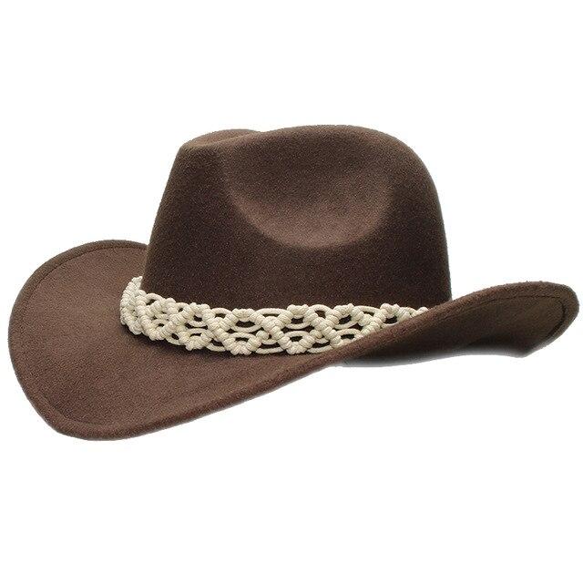 Retro Parent-Child Wool Cowboy Hat with White Hollow-out Knit Band-Hats-Innovato Design-Brown-Adult-Innovato Design