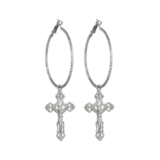 Catholic Drop Cross Hoop Earrings in Gold & Silver - InnovatoDesign