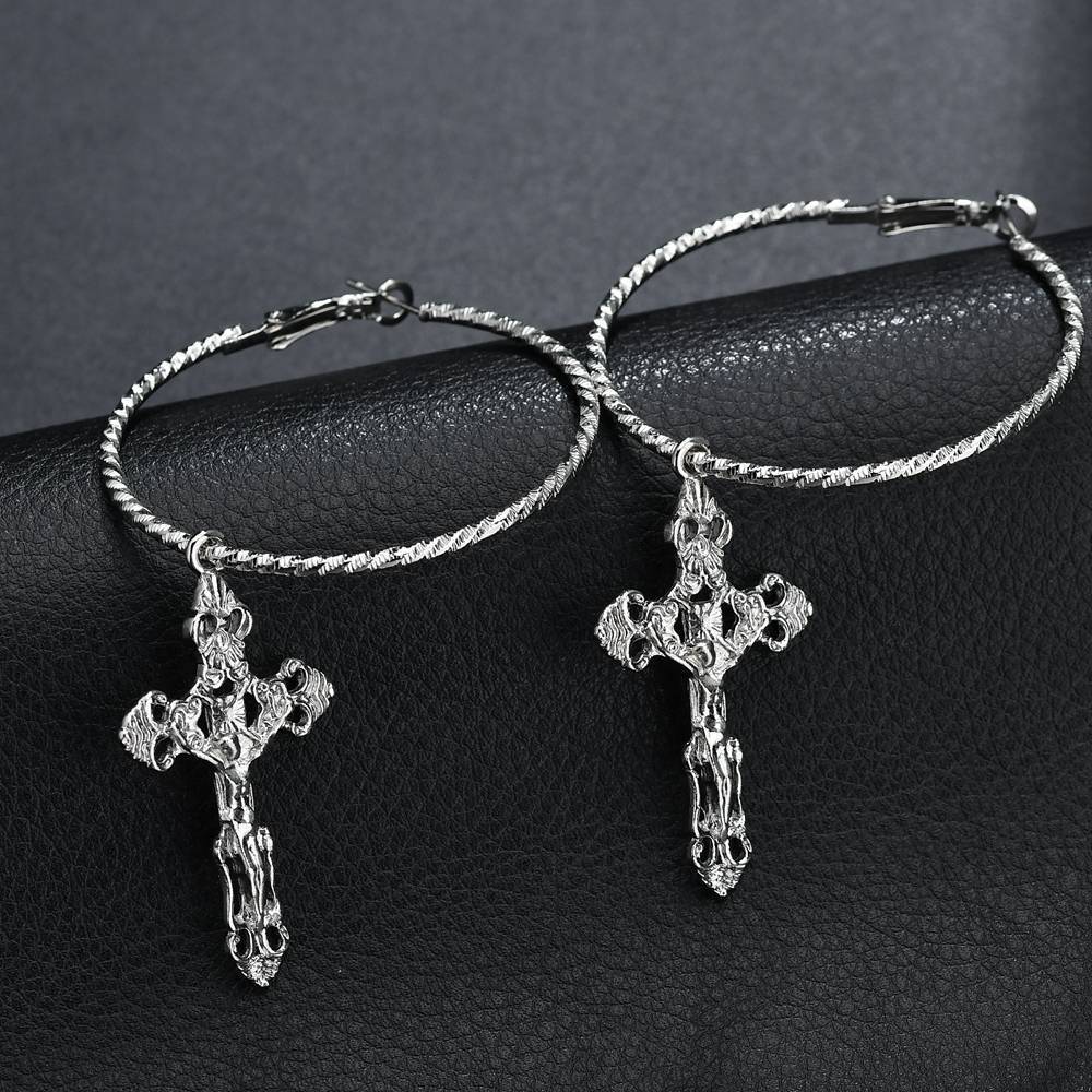 Catholic Drop Cross Hoop Earrings in Gold & Silver-Earrings-Innovato Design-Silver-Innovato Design