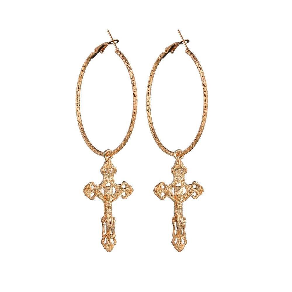 Catholic Drop Cross Hoop Earrings in Gold & Silver-Earrings-Innovato Design-Gold-Innovato Design