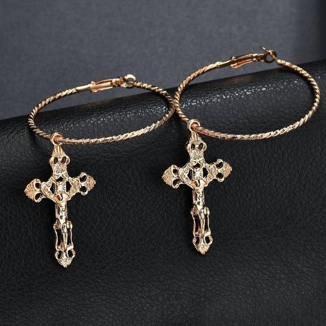 Catholic Drop Cross Hoop Earrings in Gold & Silver-Earrings-Innovato Design-Silver-Innovato Design