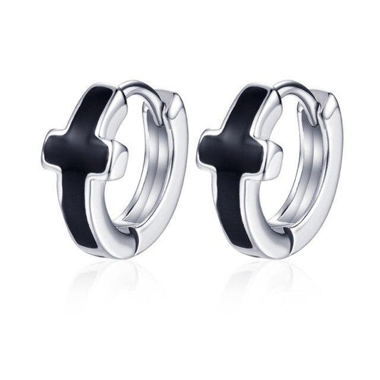 Black & Silver Circle Cross Hoop Earrings - InnovatoDesign