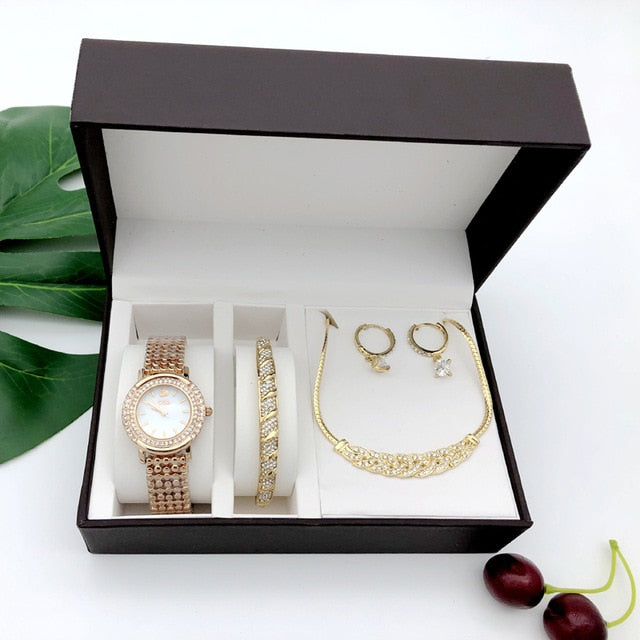 Women Diamond Quartz Watch and Crystal Bracelet, Necklace & Earrings Gift Box Set-Jewelry Sets-Innovato Design-Rose Gold-Innovato Design