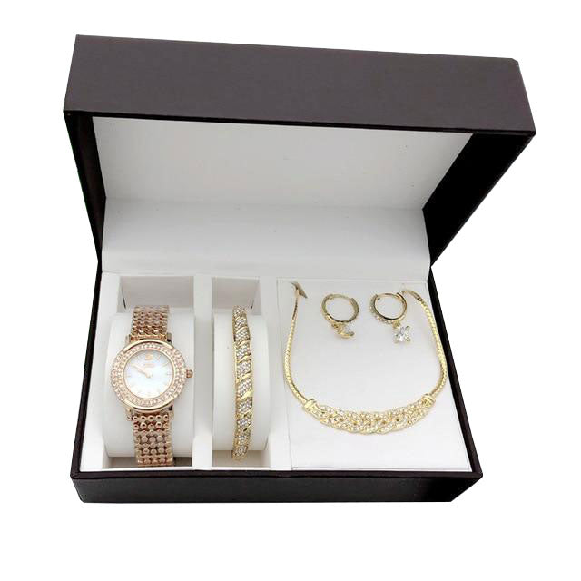 Women Diamond Quartz Watch and Crystal Bracelet, Necklace & Earrings Gift Box Set-Jewelry Sets-Innovato Design-Rose Gold-Innovato Design