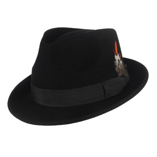 Black Wool Fedora Trilby Hat with White-orange Feathers in Black Hatband-Hats-Innovato Design-Innovato Design