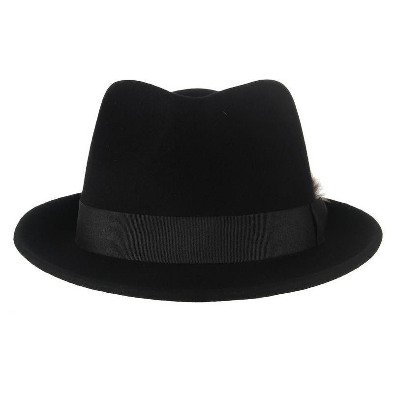 Black Wool Fedora Trilby Hat with White-orange Feathers in Black Hatband-Hats-Innovato Design-Innovato Design
