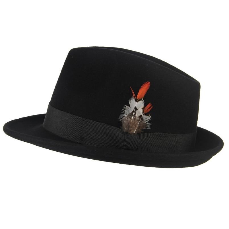 Black Wool Fedora Trilby Hat with White-orange Feathers in Black Hatband-Hats-Innovato Design-Innovato Design