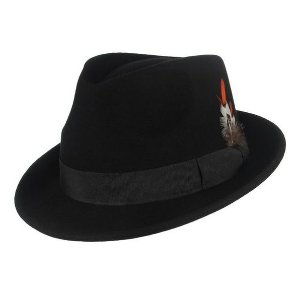 Black Wool Fedora Trilby Hat with White-orange Feathers in Black Hatband