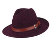 Wide Flat Brim Wool Hat Fedora Hat with Buckled Brown Leather Belt Hatband