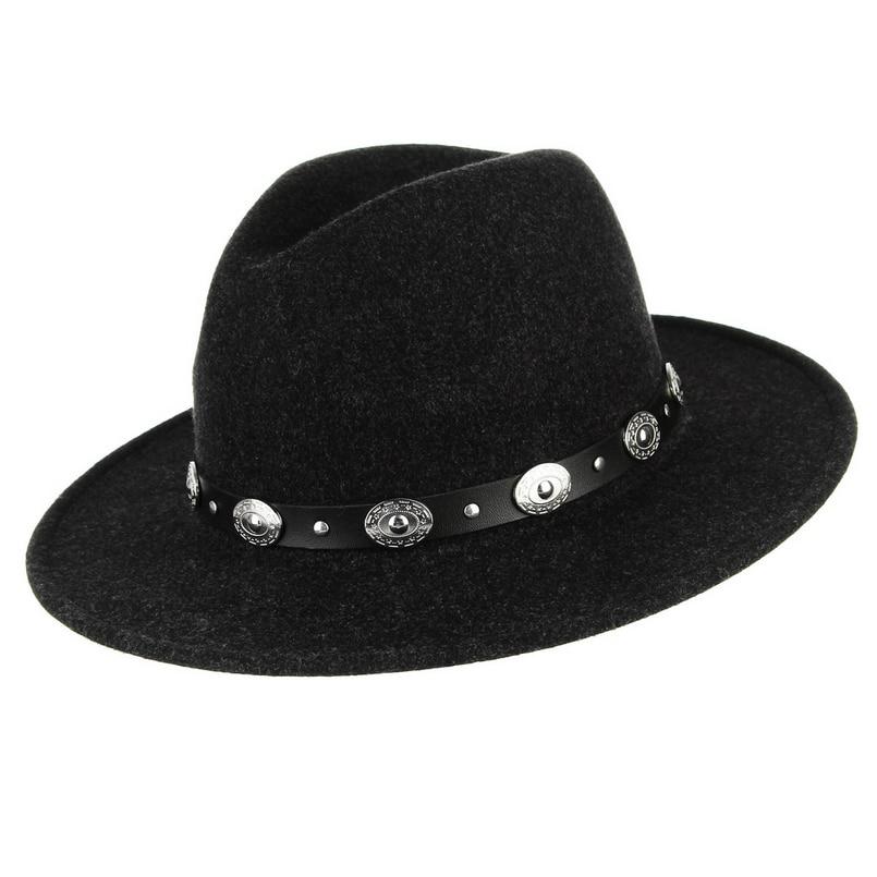 Wide Brim Wool Felt Fedora Hat with Silver Buttoned Leather Hatband-Hats-Innovato Design-Black-Innovato Design
