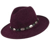 Wide Brim Wool Felt Fedora Hat with Silver Buttoned Leather Hatband