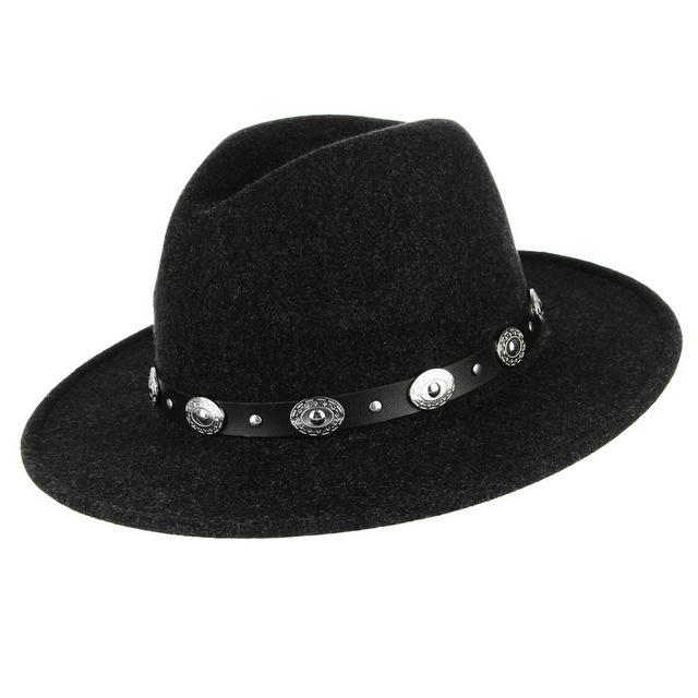 Wide Brim Wool Felt Fedora Hat with Silver Buttoned Leather Hatband-Hats-Innovato Design-Black-Innovato Design