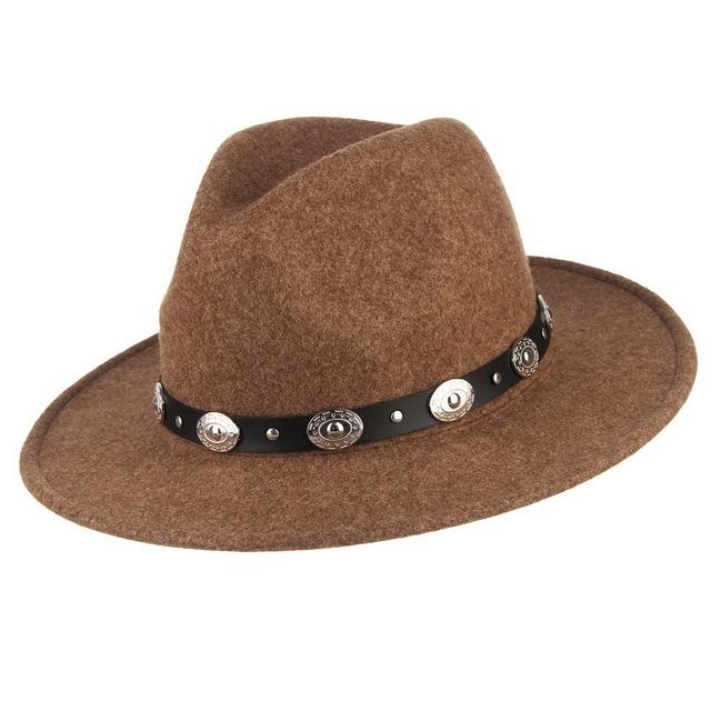 Wide Brim Wool Felt Fedora Hat with Silver Buttoned Leather Hatband-Hats-Innovato Design-Brown-Innovato Design