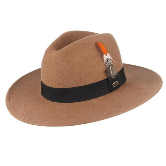 Wide Brim Wool Felt Fedora Hat with Striped Feather Band-Hats-Innovato Design-Black-Innovato Design