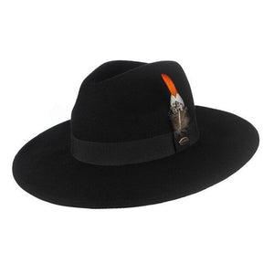 Wide Brim Wool Felt Fedora Hat with Striped Feather Band-Hats-Innovato Design-Black-Innovato Design