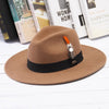 Wide Brim Wool Felt Fedora Hat with Striped Feather Band