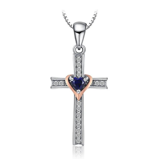 Blue Sapphire Heart Crystal on Silver Cross Pendant and Chain Necklace 925 Sterling Silver-Necklaces-Innovato Design-Innovato Design