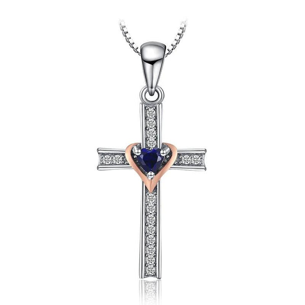 Blue Sapphire Heart Crystal on Silver Cross Pendant and Chain Necklace ...