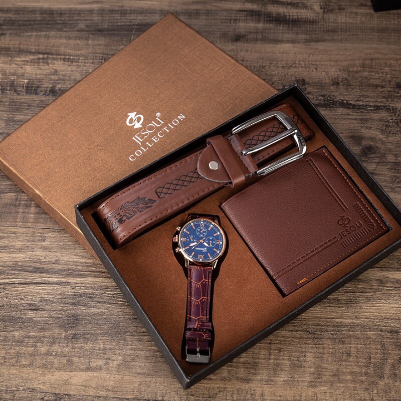 Men Fashion Luxury Business Quartz Watch, High-Quality Belt, and Folding Wallet Gift Set-Jewelry Sets-Innovato Design-Brown Blue-Innovato Design