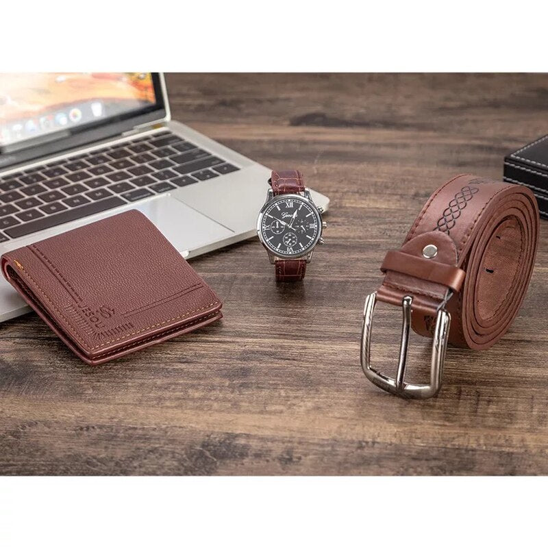 Men Fashion Luxury Business Quartz Watch, High-Quality Belt, and Folding Wallet Gift Set-Jewelry Sets-Innovato Design-Brown Blue-Innovato Design