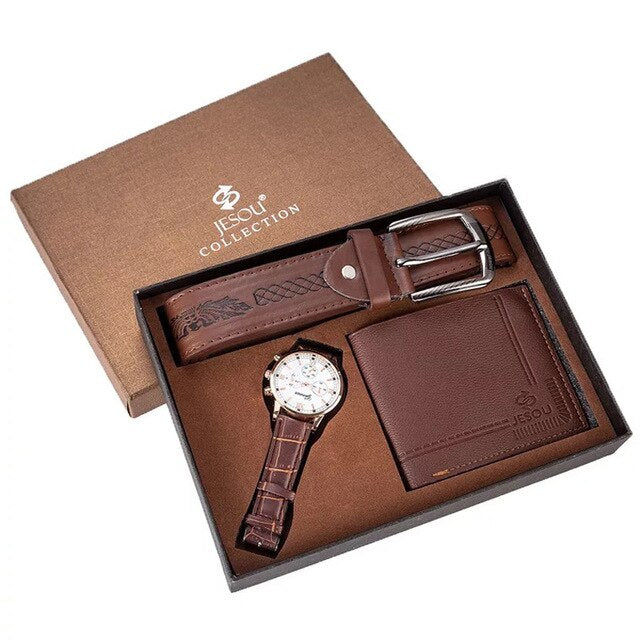 Men Fashion Luxury Business Quartz Watch, High-Quality Belt, and Folding Wallet Gift Set-Jewelry Sets-Innovato Design-Brown White-Innovato Design