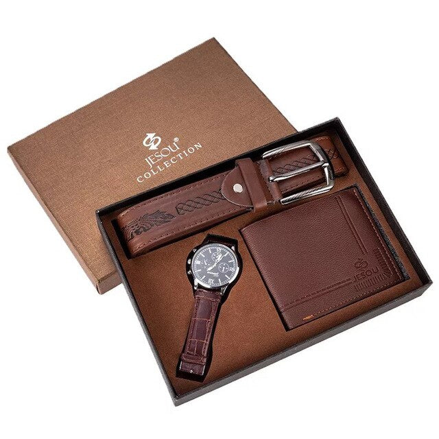 Men Fashion Luxury Business Quartz Watch, High-Quality Belt, and Folding Wallet Gift Set-Jewelry Sets-Innovato Design-Brown Black-Innovato Design