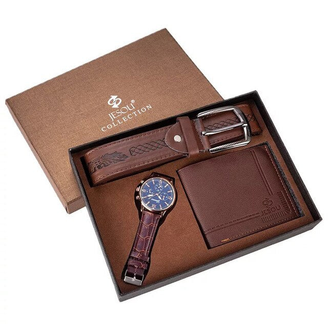 Men Fashion Luxury Business Quartz Watch, High-Quality Belt, and Folding Wallet Gift Set-Jewelry Sets-Innovato Design-Brown Blue-Innovato Design