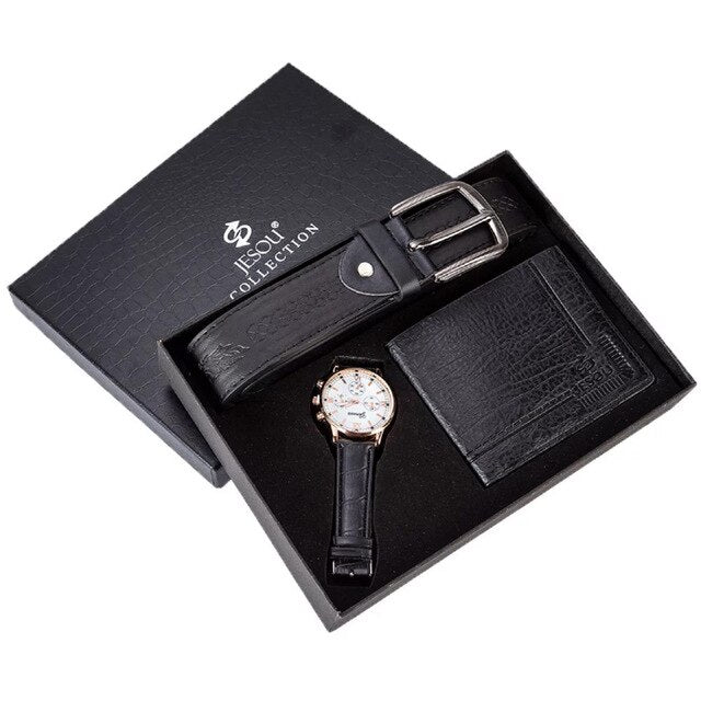 Men Fashion Luxury Business Quartz Watch, High-Quality Belt, and Folding Wallet Gift Set-Jewelry Sets-Innovato Design-Black White-Innovato Design