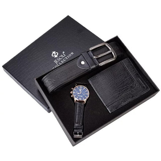 Men Fashion Luxury Business Quartz Watch, High-Quality Belt, and Folding Wallet Gift Set-Jewelry Sets-Innovato Design-Black Blue-Innovato Design