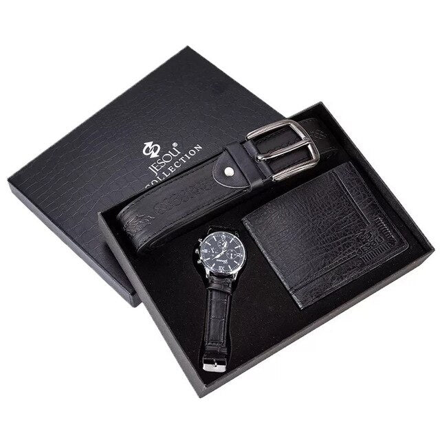 Men Fashion Luxury Business Quartz Watch, High-Quality Belt, and Folding Wallet Gift Set-Jewelry Sets-Innovato Design-Black-Innovato Design