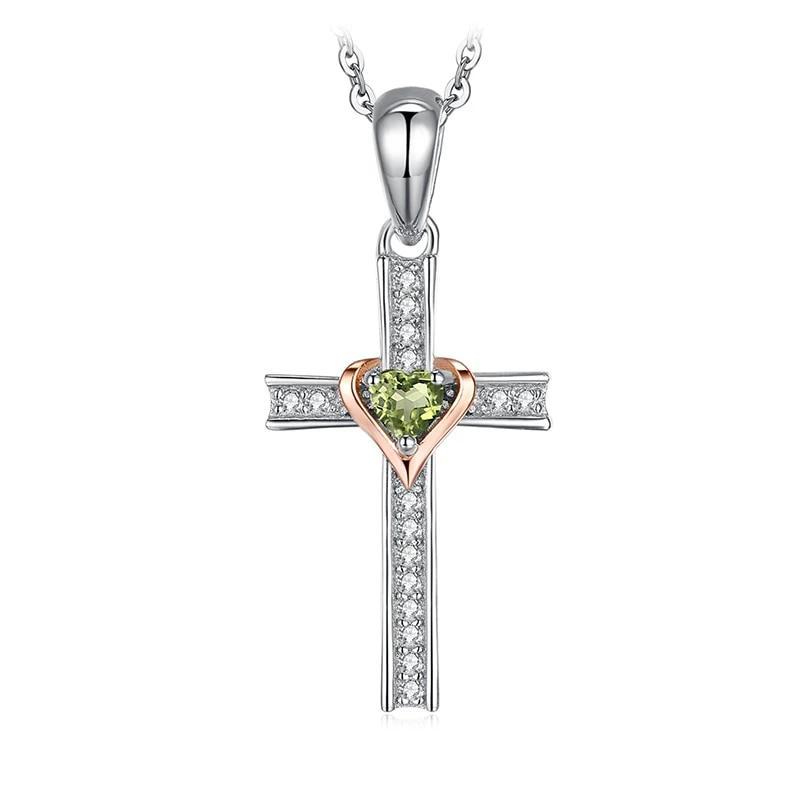 925 Sterling Silver Peridot Heart Crystal on Silver Cross Pendant and Chain Necklace-Necklaces-Innovato Design-Innovato Design