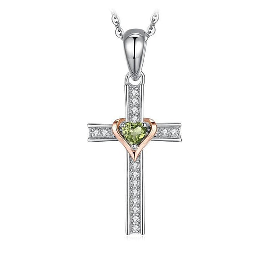 925 Sterling Silver Peridot Heart Crystal on Silver Cross Pendant and Chain Necklace-Necklaces-Innovato Design-Innovato Design