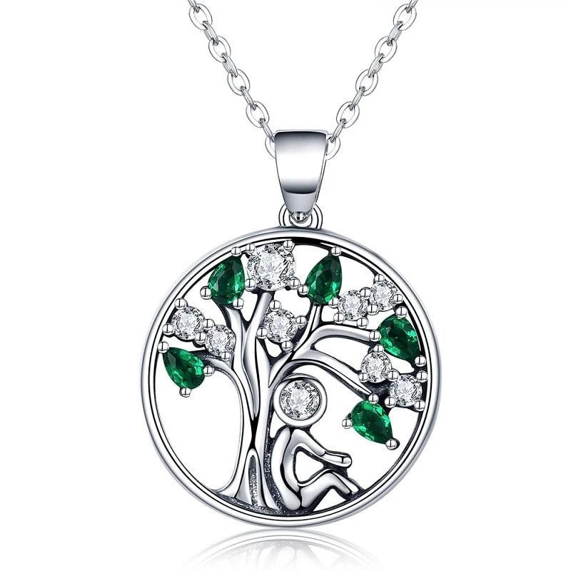 925 Sterling Silver Tree of Life with Clear and Green Zirconia Crystals-Necklaces-Innovato Design-Innovato Design