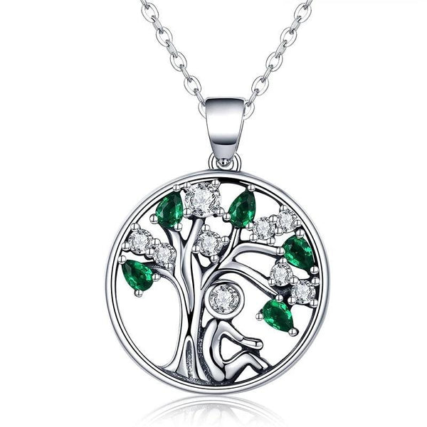 925 Sterling Silver Tree of Life with Clear and Green Zirconia Crystals - InnovatoDesign