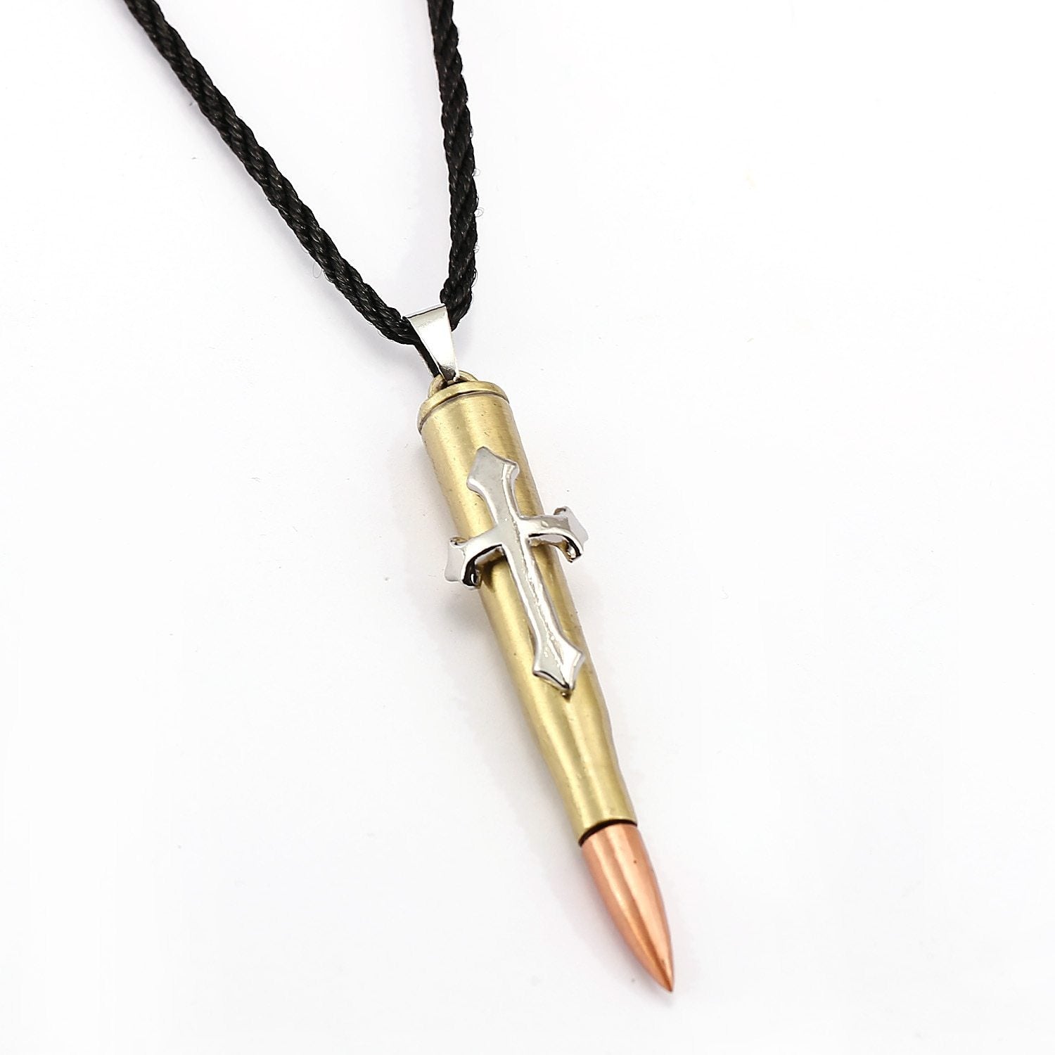 Multi-tone Silver, Gold, and Brass Rifle Bullet Pendant with Rope Necklace-Necklaces-Innovato Design-Innovato Design