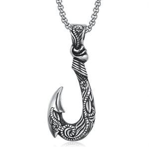 Tribal Engraved Silver Fish Hook Pendant Chain Necklace-Necklaces-Innovato Design-Innovato Design