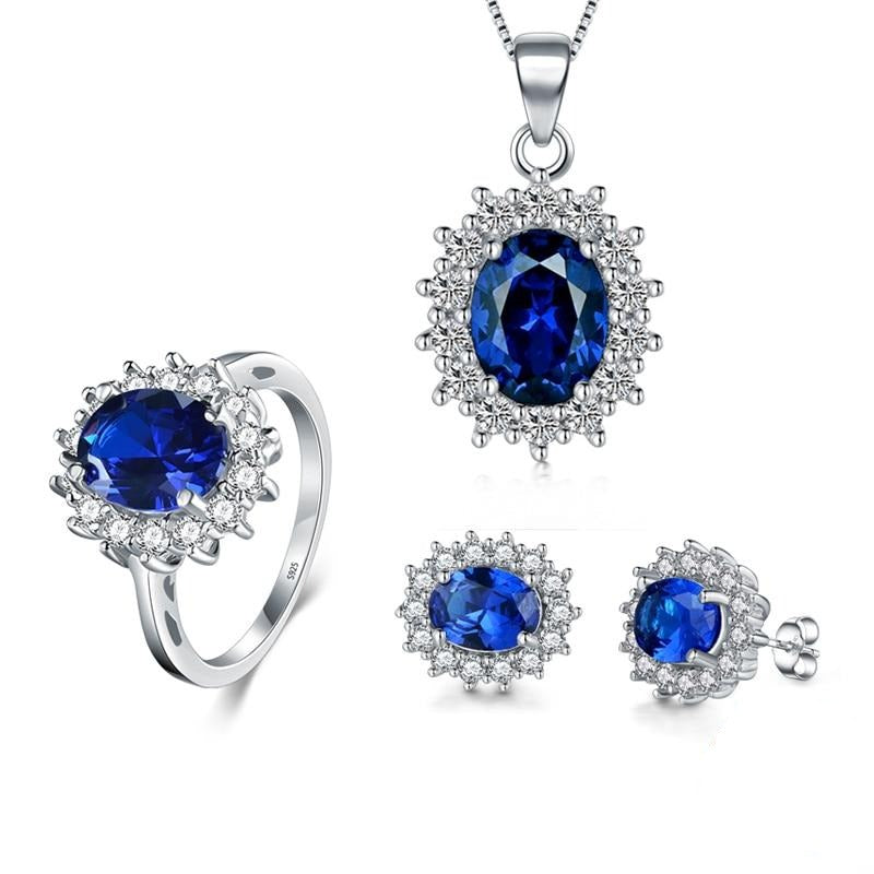 Oval Crystal 925 Sterling Silver Necklace, Earrings & Ring Fashion Jewelry Set-Jewelry Sets-Innovato Design-5-Innovato Design