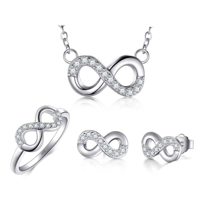 Classic Infinity Cubic Zirconia 925 Sterling Silver Necklace, Stud Earrings & Ring Fashion Jewelry Set-Jewelry Sets-Innovato Design-9-Innovato Design